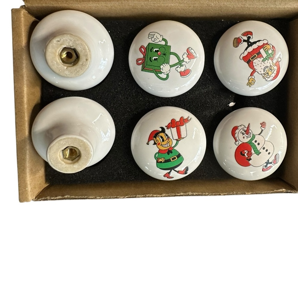 Christmas Ceramic Cabinet Knobs Set of 6 Holiday Drawer Pulls Santa Snowman